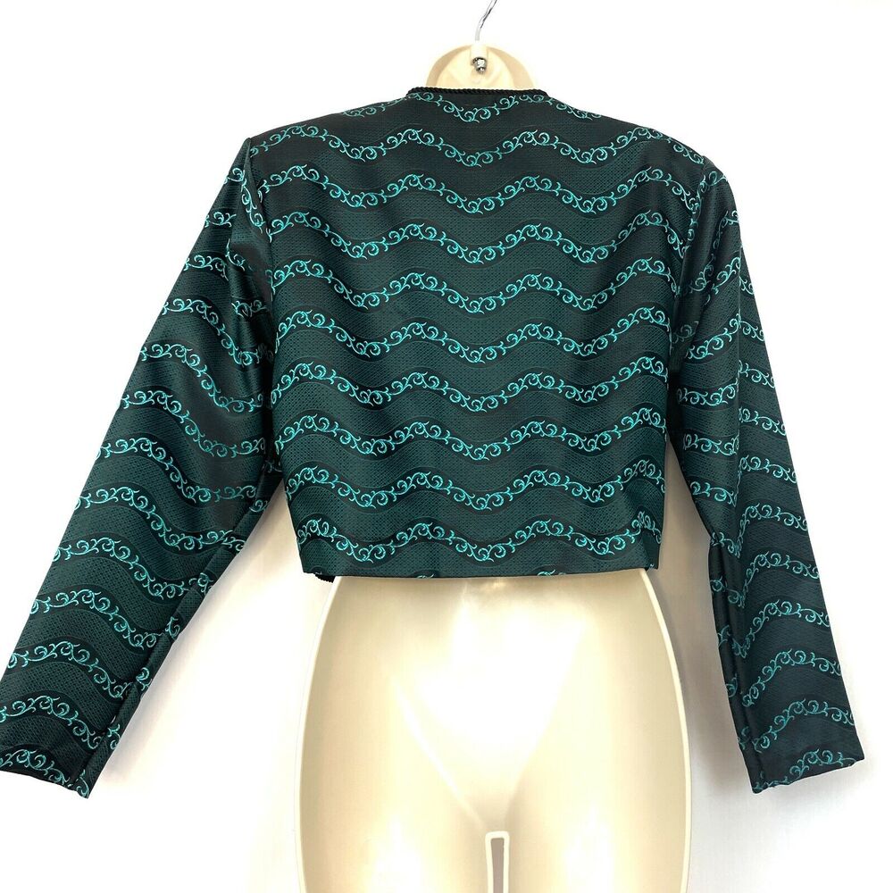 Banjo of Dallas Bolero Jacket S Womens Black Blue Stripe Satin Cropped Vintage - Picture 2 of 8
